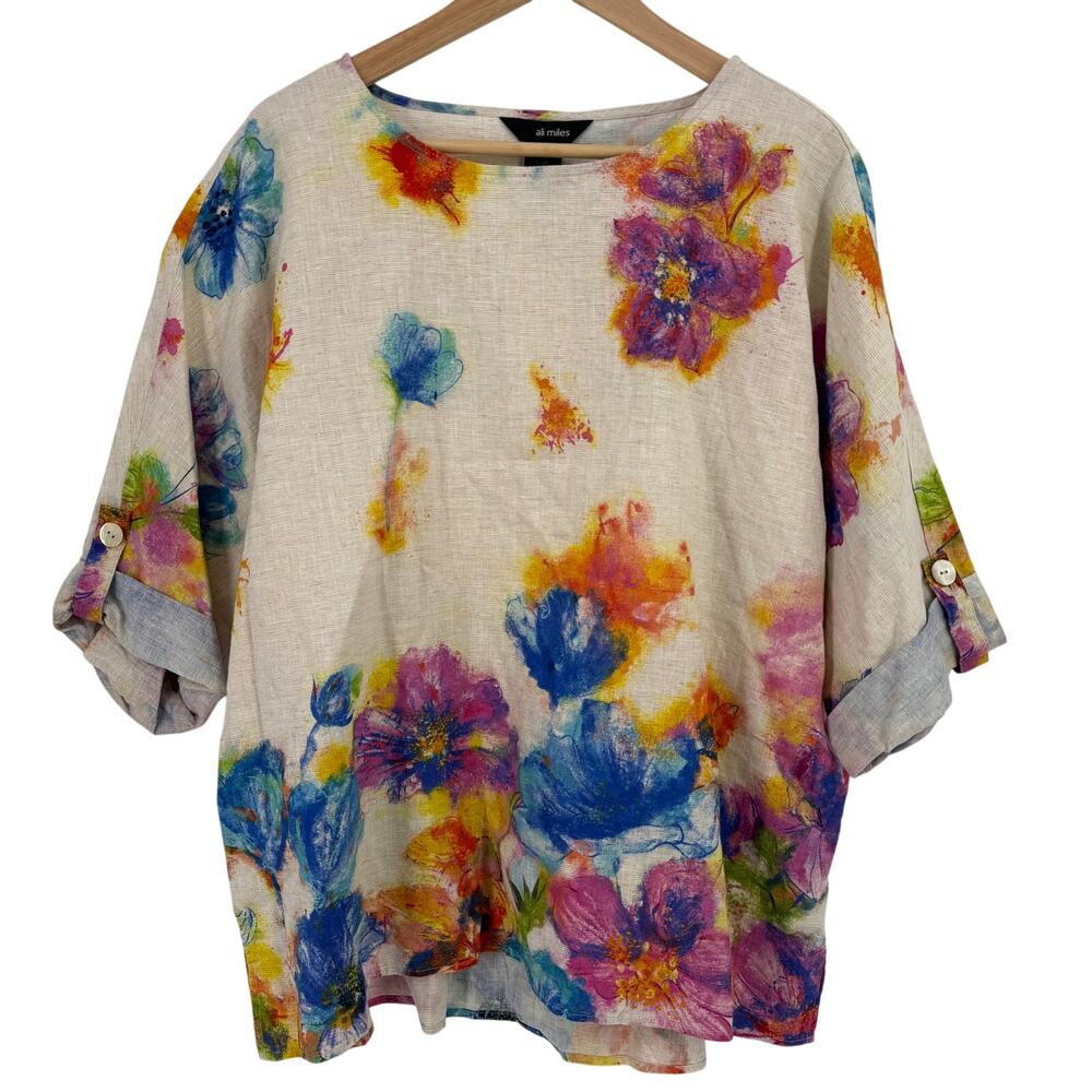 Ali Miles Linen Blend Floral Watercolor Shirt Plus Size 1X Art To Wear Lagenlook